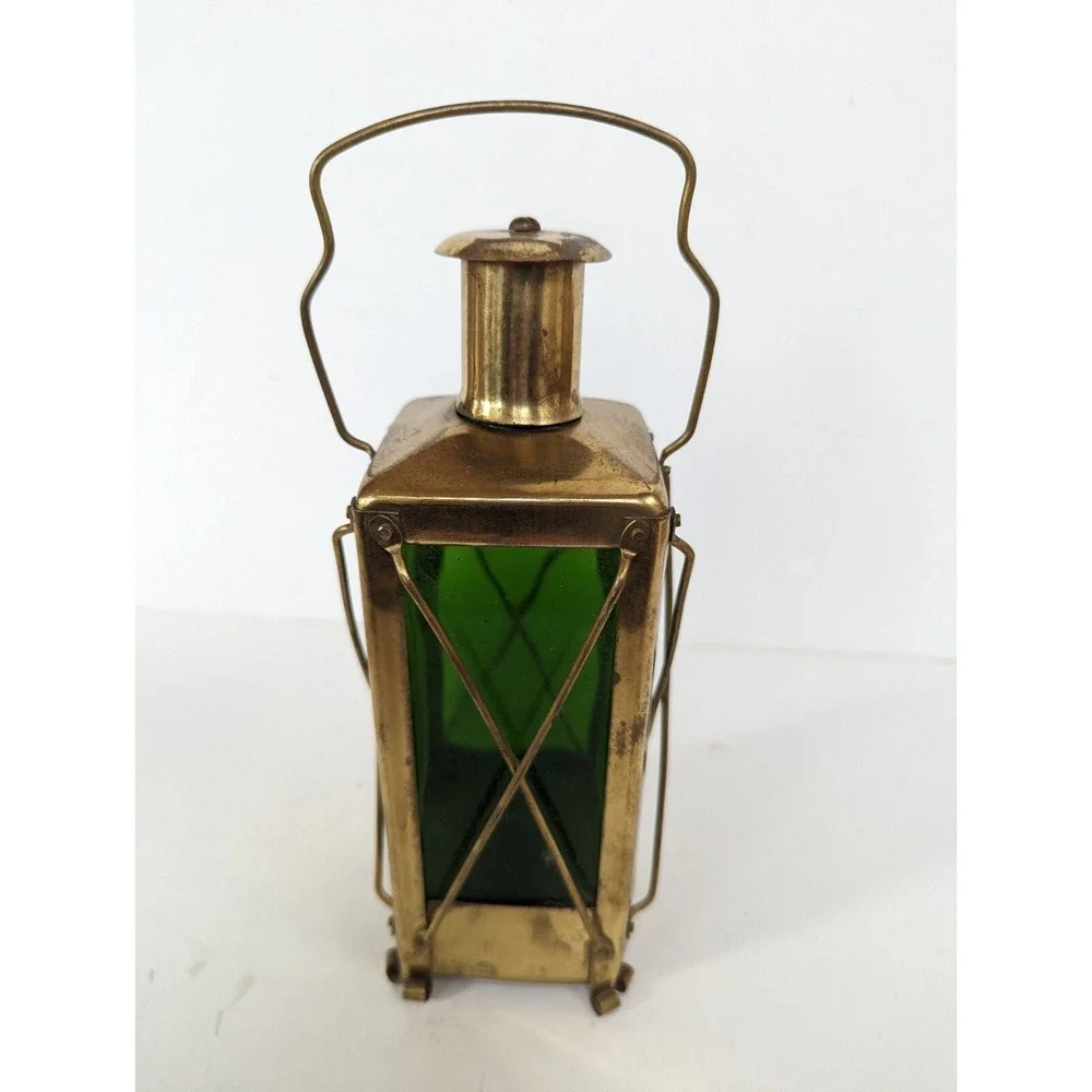 Vtg Music Box Brass Lantern Green Glass Decanter Made In Sweden. 10